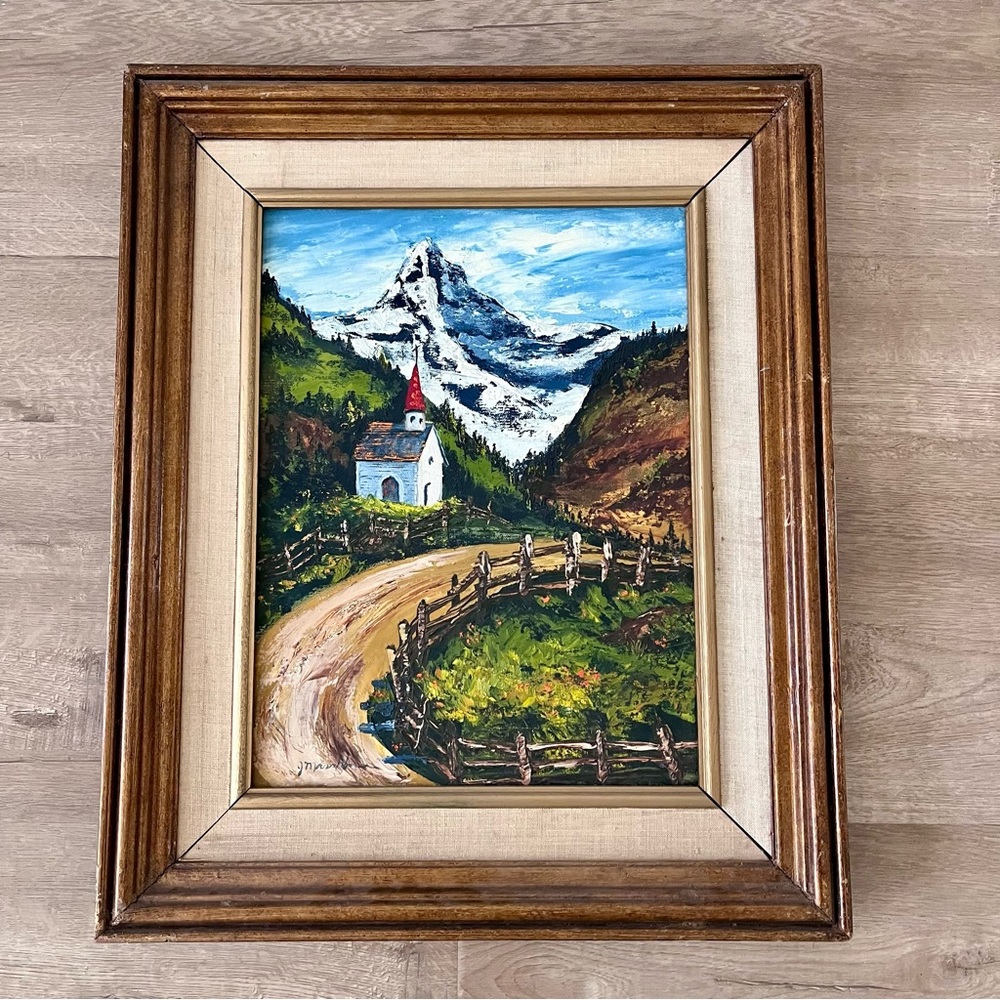 Vintage Oil Painting Framed, Bavarian Alpine‎ & Chalet Landscape, Signed 19”x23”